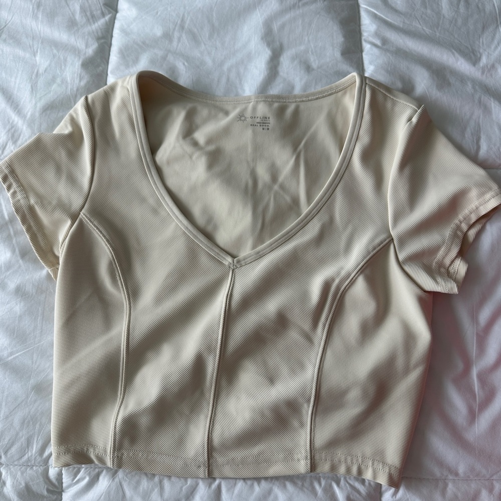 Aerie Offline Elegant Cream V-Neck Crop Top